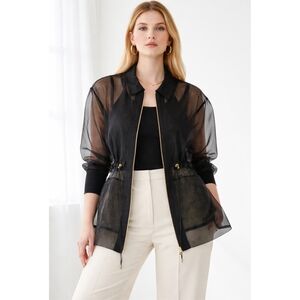 GSTQ Sheer Cinched Zip Jacket Black Gold Hardware Size M Made in Portugal NWT